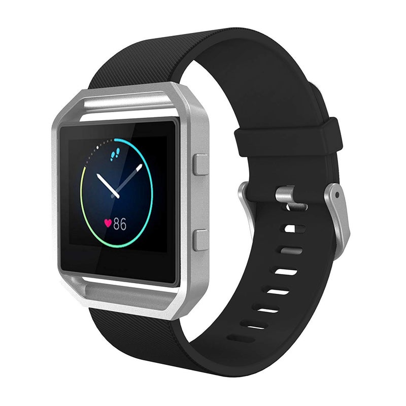 Simpeak سوار سيمبيك الرياضي متوافق مع ساعة فيتبيت بليز الذكية للياقة البدنية، سوار معصم سيليكون مع إطار معدني بديل لساعة فيتبيت بليز للرجال والنساء، كبير، أسود سوار + إطار فضي - Image 2